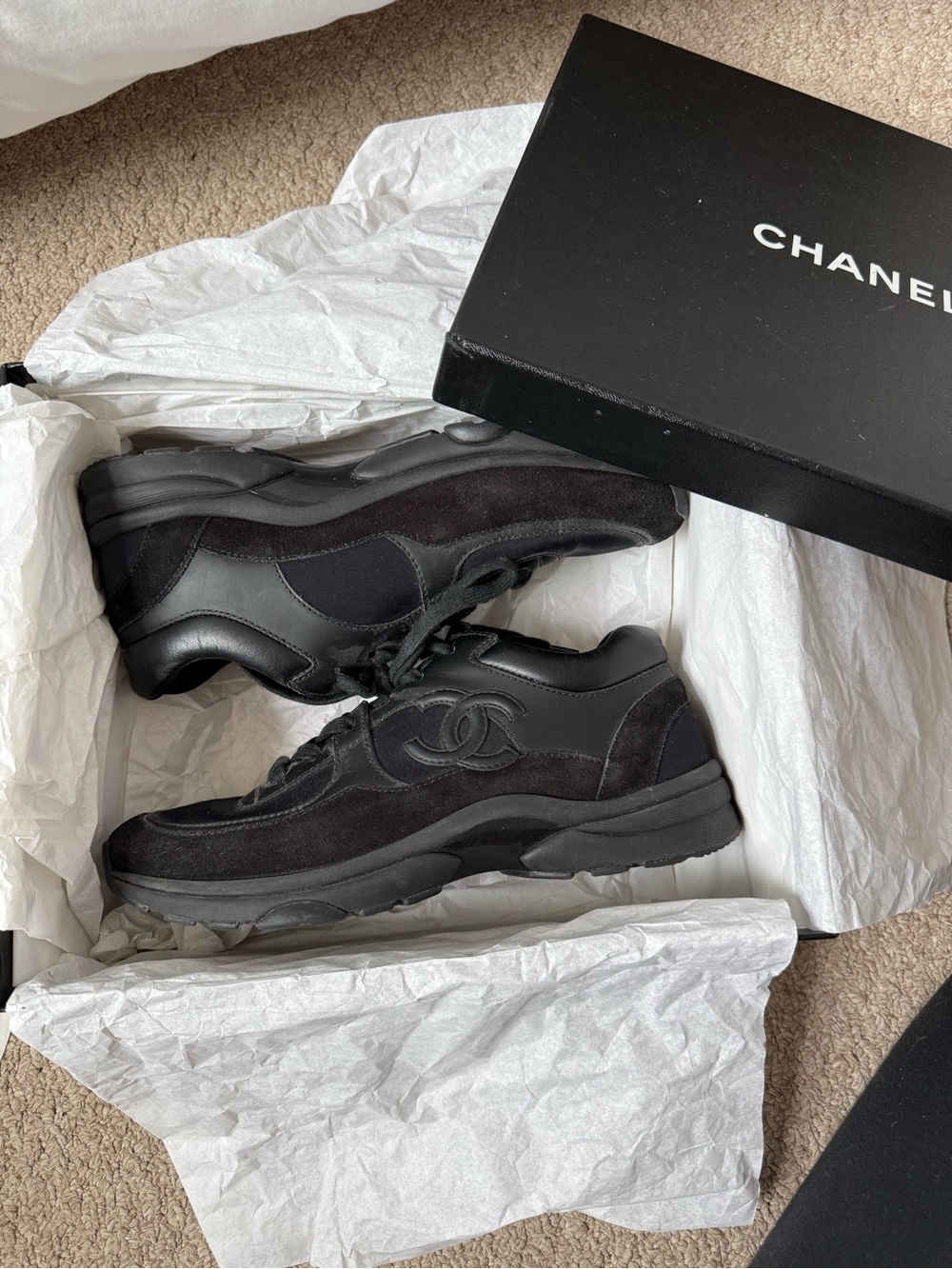 CHANEL Black Suede and Leather Sneakers